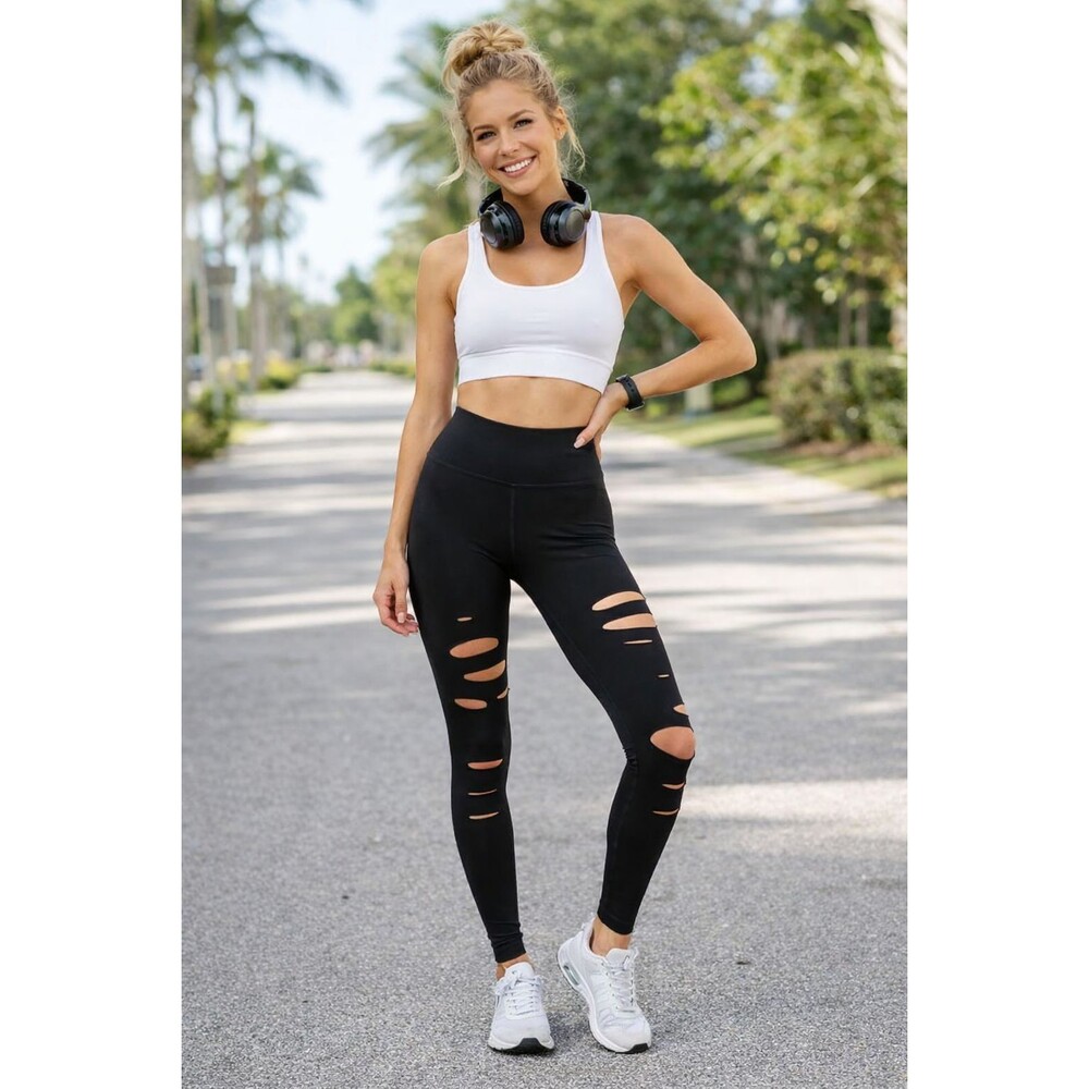 ALO YOGA Ripped Warrior Leggings Solid Black High Rise Size XS Athletic Preppy